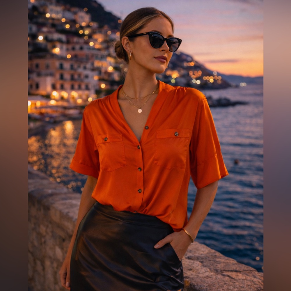 Amanda Uprichard Silk Orange Blouse | Euro Summer Coastal Chic Top Size M